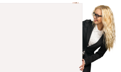 Two businesswomen holding blank sign board isolated on white