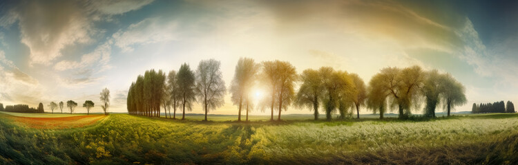 Trees in a field near the sun, in the style of panorama, pastoral charm, and colorscapes. Generative Ai.
