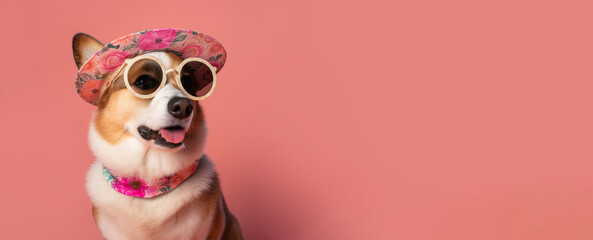 Summer hippie style corgi dog wearing sunglasses and summer hat, looking at blank empty copy space, over pink background, banner. AI generative