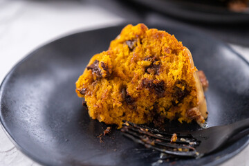 Chocolate pumpkin bundt cake with toffee glaze