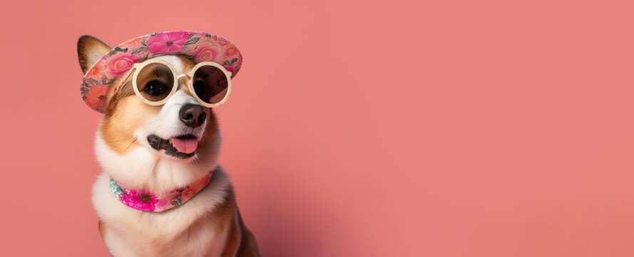 Summer hippie style corgi dog wearing sunglasses and summer hat, looking at blank empty copy space, over pink background, banner. AI generative