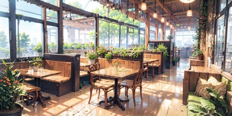 Fototapeta premium anime style background, game background, plants in cafe, coffee shop, diner, dinner, generative ai, generative, ai