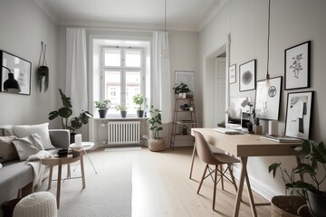 Beautiful Scandinavian living room with workspace. Generative AI