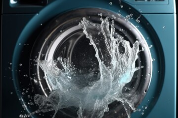 Washing machine drum with clean water flow and splashes. Laundry concept. Generative AI