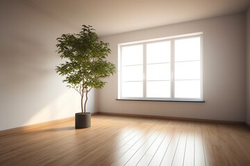Empty room with plant and wooden flooring. Generative AI