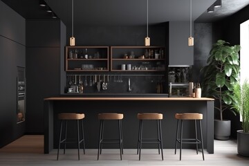 Dark gray kitchen interior with bar. Generative AI