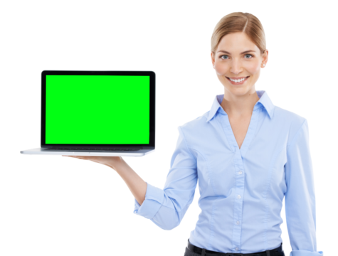 Portrait, green screen or woman with laptop, smile or business person isolated on transparent studio background. Face, female employee or consultant holding computer, space or success on png backdrop