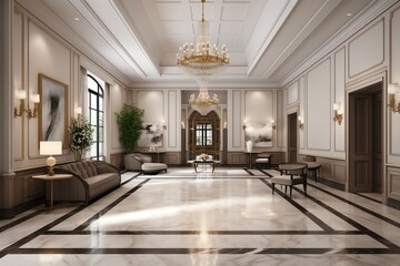 Fototapeta na wymiar Luxury hotel lobby in 3D render. Generative AI