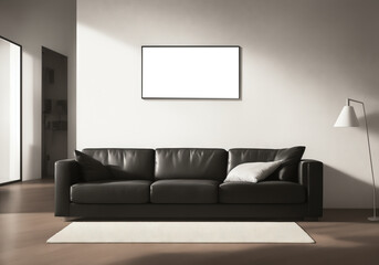 White living room design with mockup frame. Modern minimalistic interior background, 3d render with copy space. Interior design with white black sofa