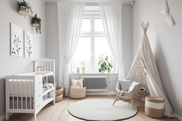 Modern scandinavian nursery room in light colours. Generative AI