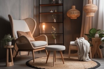 Relaxing light room with armchair and decor. Generative AI