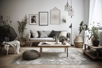 Scandinavian living room with flowers and accessories. Generative AI