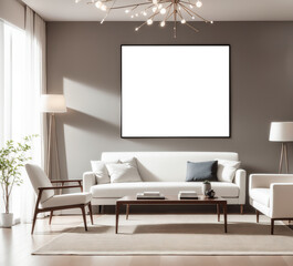 White living room design with mockup frame. Modern minimalistic interior background, 3d render with copy space. Interior design with white leather sofa
