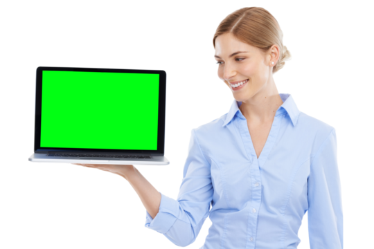 Laptop, green screen and woman with smile, business and pc against a transparent studio background. Female employee, happy worker and entrepreneur with device, technology or computer on png backdrop.