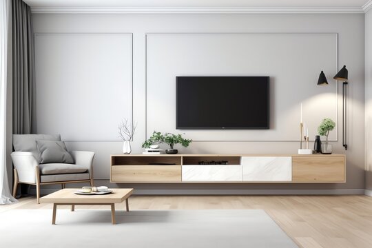 Modern living room with TV cabinet, white wall background, mockup. Generative AI