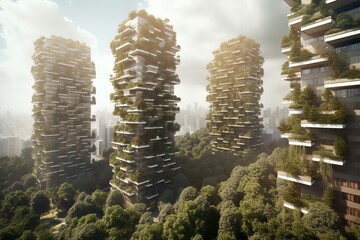 Obraz premium Vertical forest metropolis with civil architecture. Generative AI