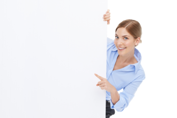 Presentation, billboard and business woman is pointing in portrait, product placement isolated on transparent, png background. Blank signage, marketing with promo poster mockup and female with smile