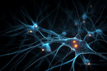 3D rendered neuron network on black background. Generative AI