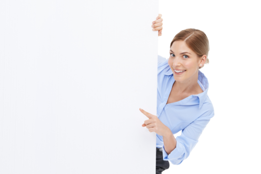 Presentation, billboard and business woman is pointing in portrait, product placement isolated on transparent, png background. Blank signage, marketing with promo poster mockup and female with smile - Powered by Adobe