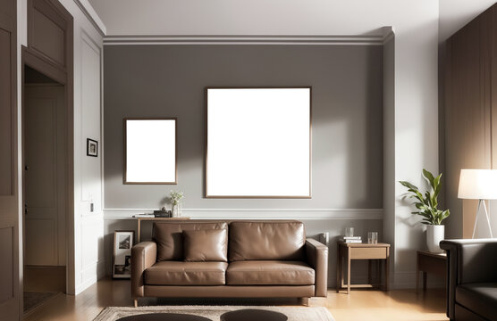 White living room design with mockup frame. Modern minimalistic interior background, 3d render with copy space. Interior design with white brown sofa