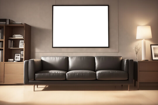 White living room design with mockup frame. Modern minimalistic interior background, 3d render with copy space. Interior design with white black sofa