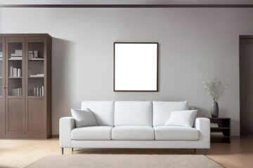 White living room design with mockup frame. Modern minimalistic interior background, 3d render with copy space. Interior design with white leather sofa