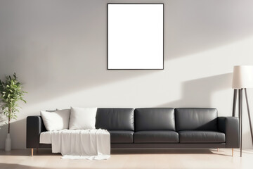 White living room design with mockup frame. Modern minimalistic interior background, 3d render with copy space. Interior design with white black sofa