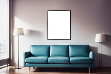 White living room design with mockup frame. Modern minimalistic interior background, 3d render with copy space. Interior design with blue leather sofa