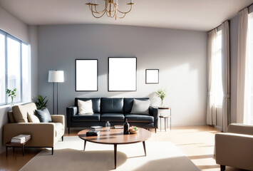 White living room design with mockup frame. Modern minimalistic interior background, 3d render with copy space. Interior design with white black sofa
