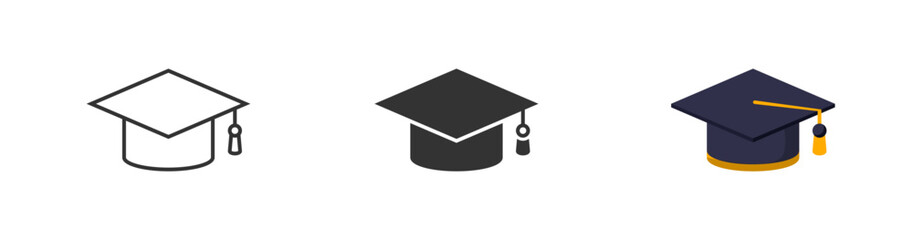 Academic cap icon. Student hat in line, glyph and flat style. Education symbol vector isolated illustration