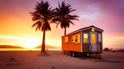 tiny house on the beach at sunset. generative ai.