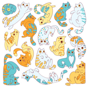 Seamless pattern with cats. Set of cute kitties in different poses. Seamless baby pattern for kids. Funny vector illustration. Isolated on white background