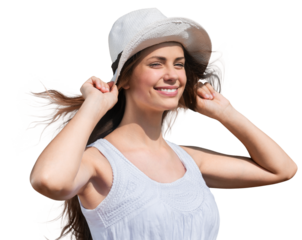 Beach woman happy and playful smiling laughing playful and cheerful in summer sun. Beautiful multiracial Asian Chinese , Caucasian woman wearing white beach hat and bikini