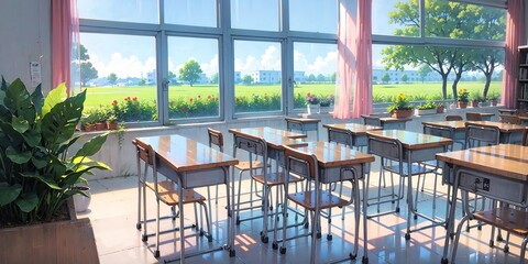 anime style background, game background, classroom, school, generative ai, generative, ai