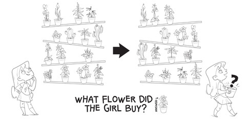 Find the differences puzzle game. What flower did the girl buy. Find hidden objects in the picture. Puzzle Hidden Items. Educational game for children. Coloring book. Cartoon characters