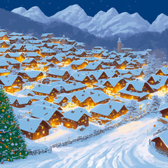 ancient village christmas snow winter illustration