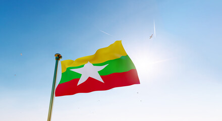 Burma flag. 3D realistic waving flag background. Flag of Myanmar burma flag waving in the wind, sky and sun background. 3d rendering.