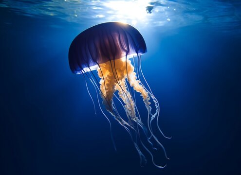 A large jellyfish in the ocean near the surface. AI generative illustrations