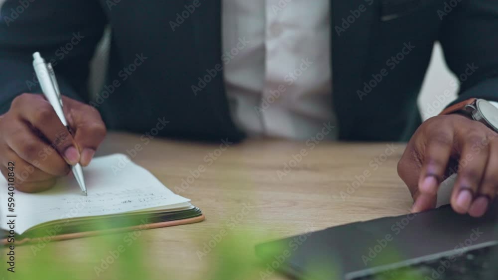 Poster hands, laptop and writing in notebook with a business man at a desk in his office for company planni
