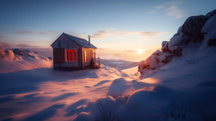 tiny house in winter mountain. generative ai.