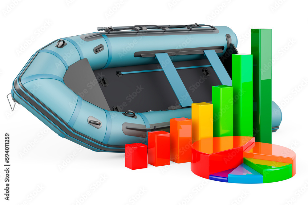Poster inflatable boat with growth bar graph and pie chart. 3d rendering