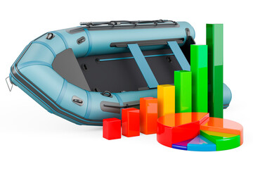 Inflatable boat with growth bar graph and pie chart. 3D rendering