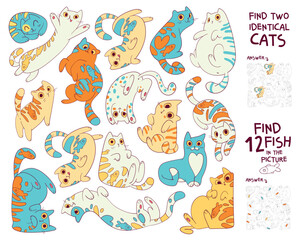 Find two identical cats in the picture. Find 10 fish in the image. Find hidden objects in the picture. Puzzle Hidden Items. Educational game for children. Colorful cartoon characters