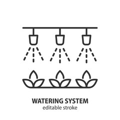Automatic watering system line icon. Agriculture equipment vector symbol. Field or greenhouse irrigation illustration. Smart farming. Editable stroke.