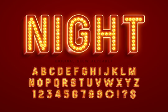 Retro cinema alphabet design, cabaret, LED lamps letters and numbers.
