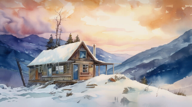 tiny house in winter mountain. watercolor style. generative ai.