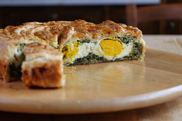 close view of section of italian pasqualina savoury cake