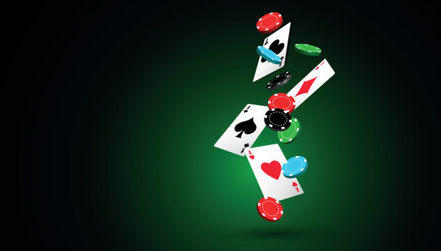 casin&ograve;, carte da poker con fiche sparse sul tappeto verde, concetto gioco d'azzardo, croupier