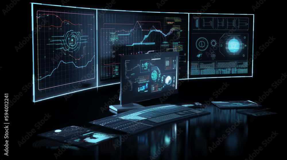 Wall mural a computer room with multiple monitors and a display of data. ai