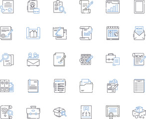 Office archives line icons collection. Filing, Records, Storage, Retrieval, Organization, Cataloging, Catalog vector and linear illustration. Indexing,Archiving,Management outline signs set